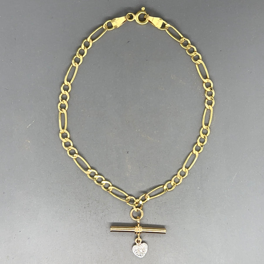 9ct Yellow Gold Figaro Bracelet with T-Bar Charm