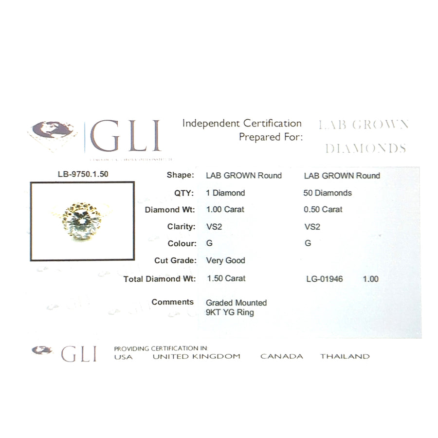 9ct Yellow Gold Lab Grown Diamond Halo Ring (c. 1.50ct) - Size N - NEW!
