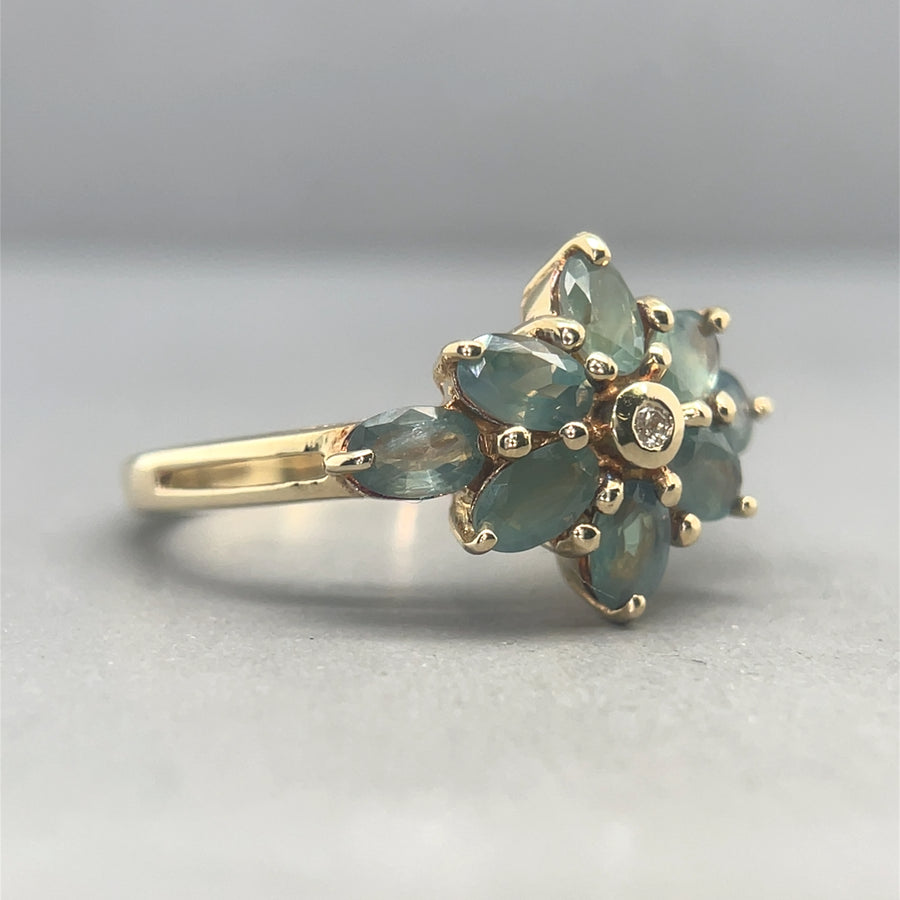 9ct Yellow Gold Blue Topaz and Diamond Ring - Size N