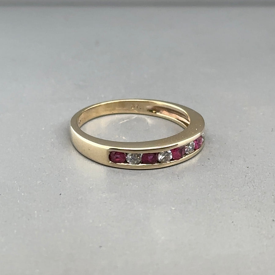 9ct Yellow Gold Ruby and Diamond Half Eternity Ring (c. 0.15ct) - Size L