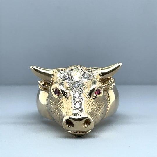 9ct Yellow Gold Cubic Zirconia Bull Head Ring - Size U
