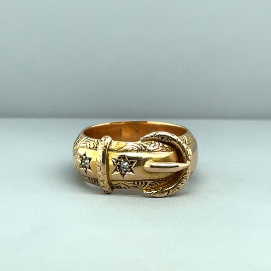 18ct Yellow Gold Diamond Set Buckle Ring - Size O 1/2