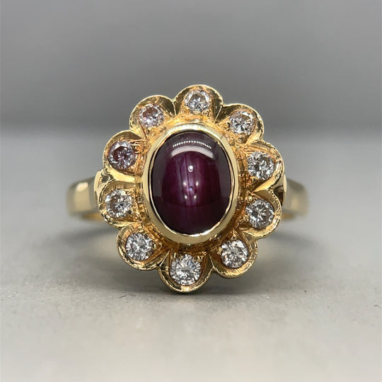 14ct Yellow Gold Diamond and Purple Sapphire Ring (c. 0.50ct) - Size N