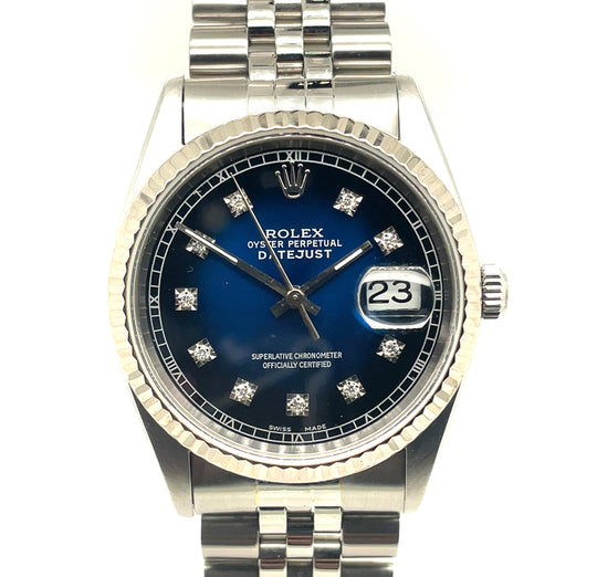 Pre-Owned Stainless Steel and 18ct White Gold Blue Dial with Diamond Dots Datejust Rolex (Gents)