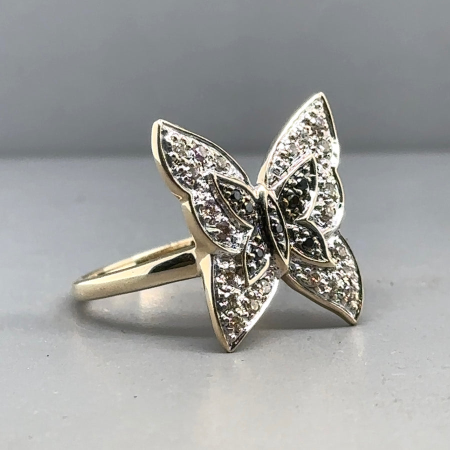 9ct Yellow Gold Blue and White Diamond Butterfly Ring (c. 0.10 - 0.15ct) - Size M 1/2