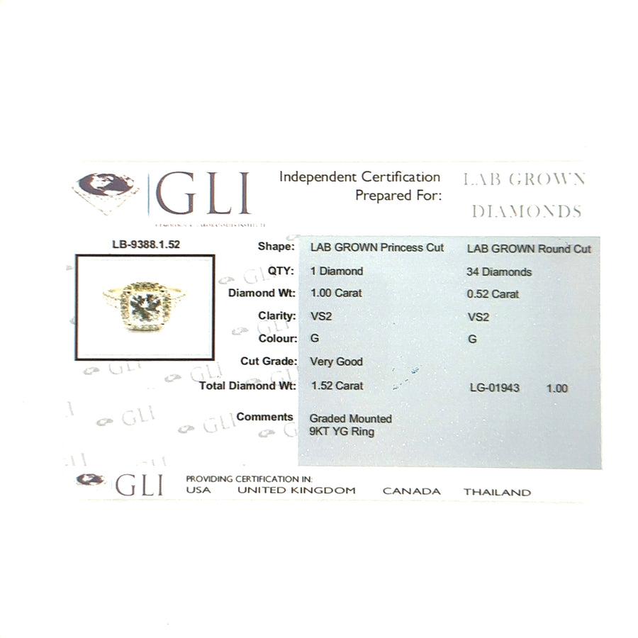 9ct Yellow Gold Lab Grown Diamond Halo Ring (c. 1.52ct) - Size O - NEW!
