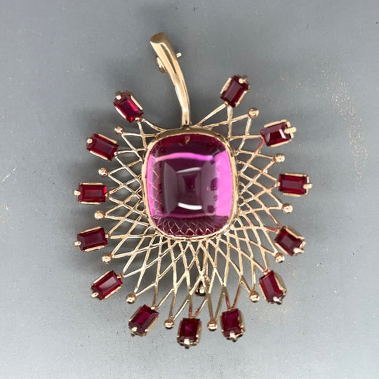 9ct Yellow Gold Pink Spinel and Topaz Brooch