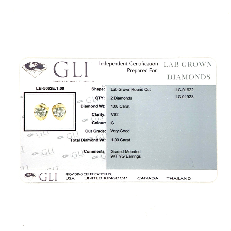9ct Yellow Gold Single Stone Lab Grown Diamond Stud Earrings (c. 1.00ct) NEW!
