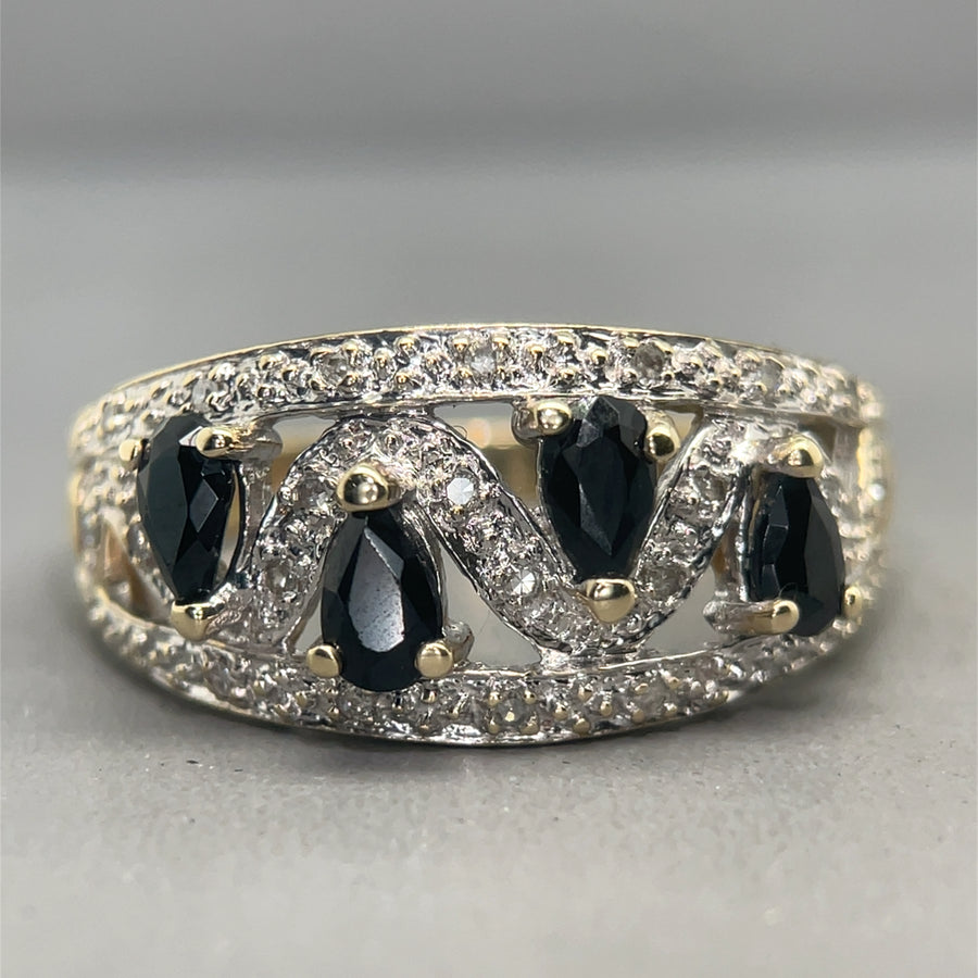 9ct Yellow Gold Diamond and Sapphire Ring (c. 0.10 - 0.15ct) - Size S