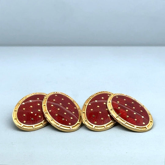18ct Yellow Gold Red Enamel Basket Weave Longmire Cufflinks