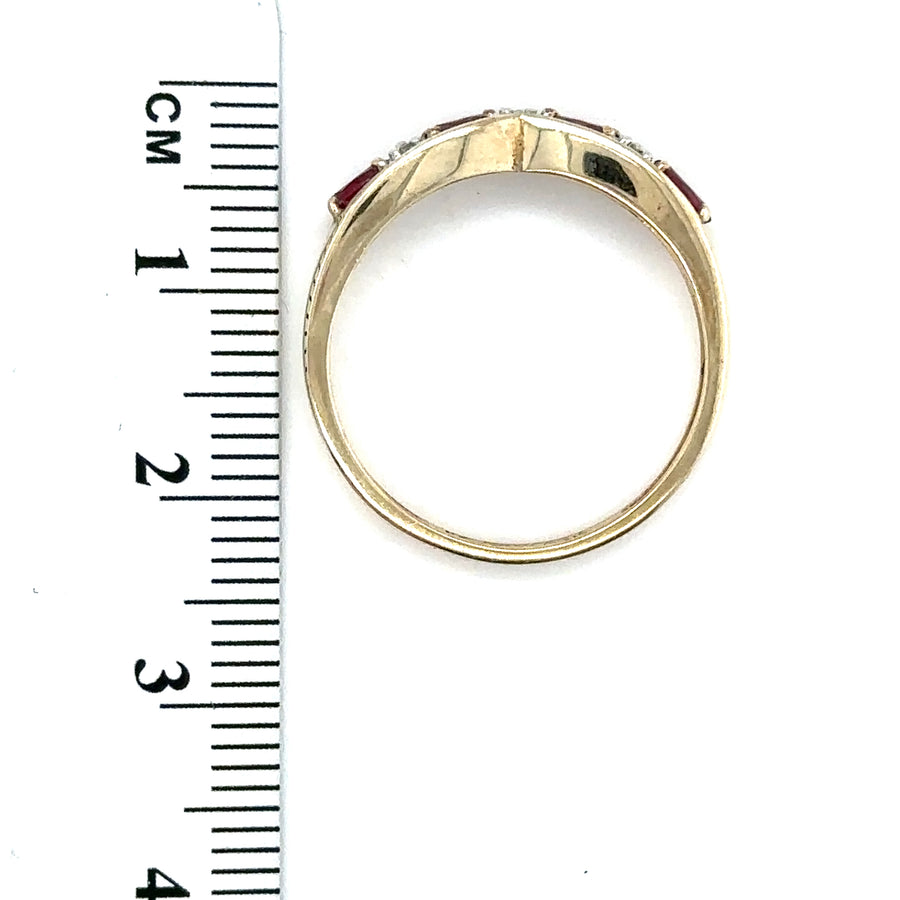 9ct Yellow Gold Ruby and Diamond Chevron Ring - Size P