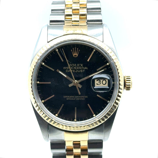 Pre-Owned 18ct Yellow Gold and Stainless Steel Bi-Colour Black Dial Datejust Rolex (Gents)