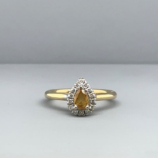 18ct Yellow Gold Diamond and Yellow Sapphire Pear Ring - Size J