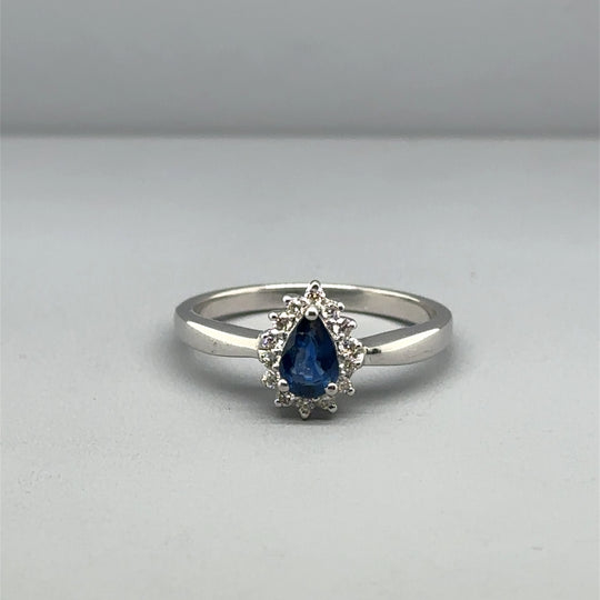 14ct White Gold Pear Cut Sapphire and Diamond Ring (c. 0.10 - 0.15ct) - Size N
