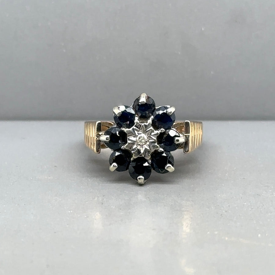 9ct Yellow Gold Sapphire and Diamond Cluster Ring - Size L