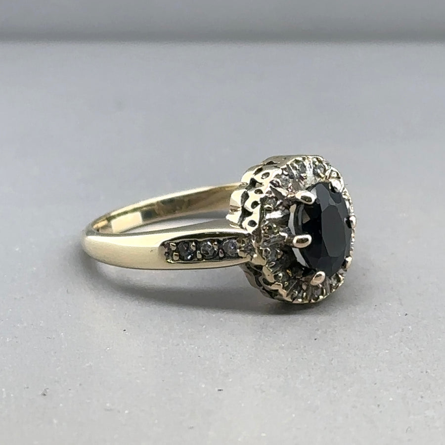 9ct Yellow Gold Diamond and Sapphire Ring (c. 0.10 - 0.15ct) - Size K 1/2