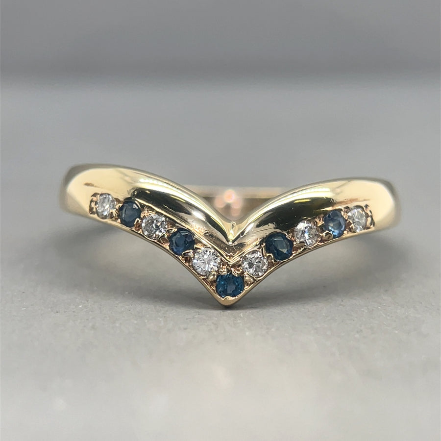 9ct Yellow Gold Sapphire and Diamond Chevron Ring - Size S