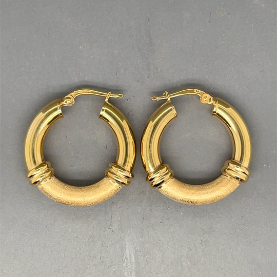 9ct Yellow Gold Matte and Shiny Chunky Hoop Earrings