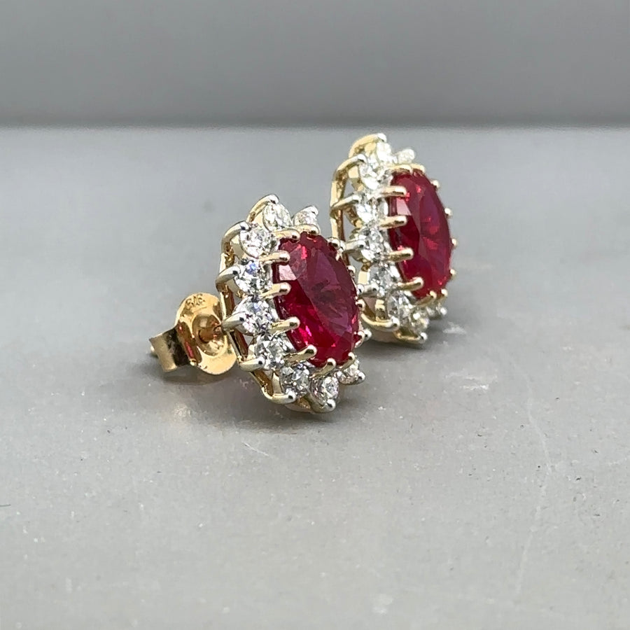 9ct Yellow Gold Lab Grown Diamond and Ruby Cluster Stud Earrings (c. 0.95ct) NEW!
