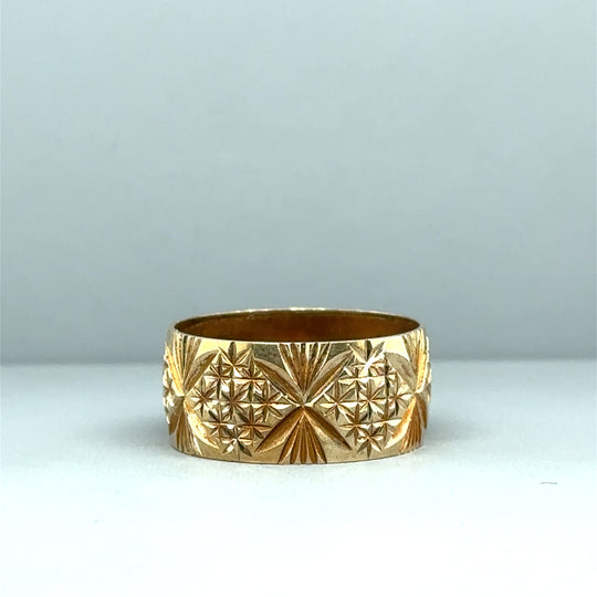 9ct Yellow Gold Patterned Band Ring - Size S