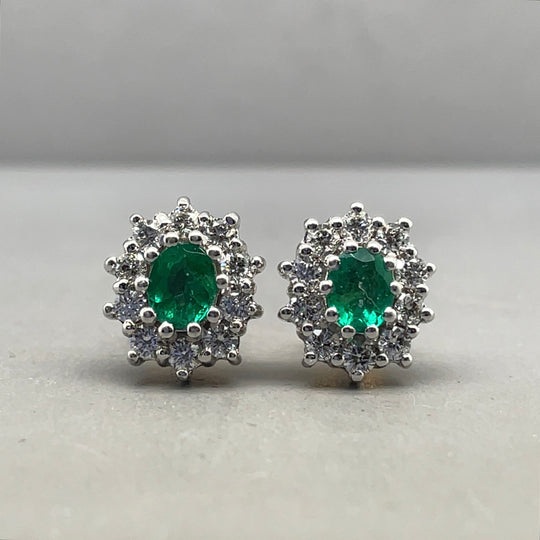 18ct Bi-Colour Diamond and Emerald Stud Earrings (c. 0.55ct)