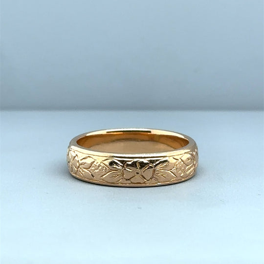 18ct Yellow Gold Rose Flower Pattern Band Ring - Size O