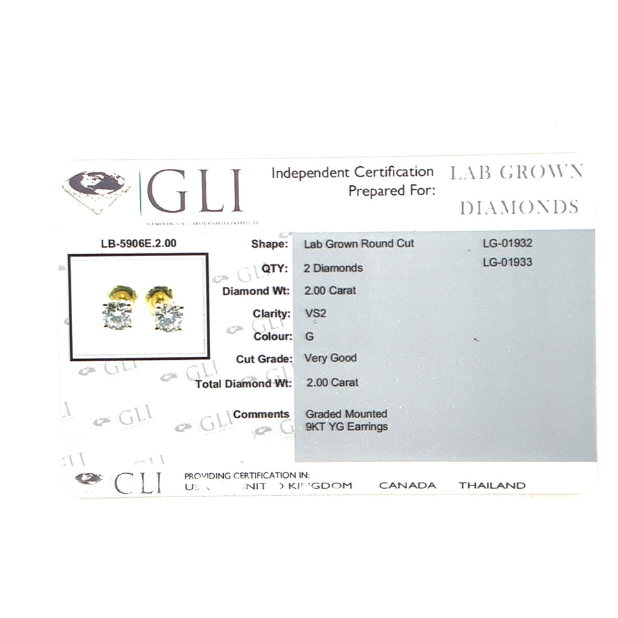 9ct Yellow Gold Single Stone Lab Grown Diamond Stud Earrings (c. 2.00ct) NEW!
