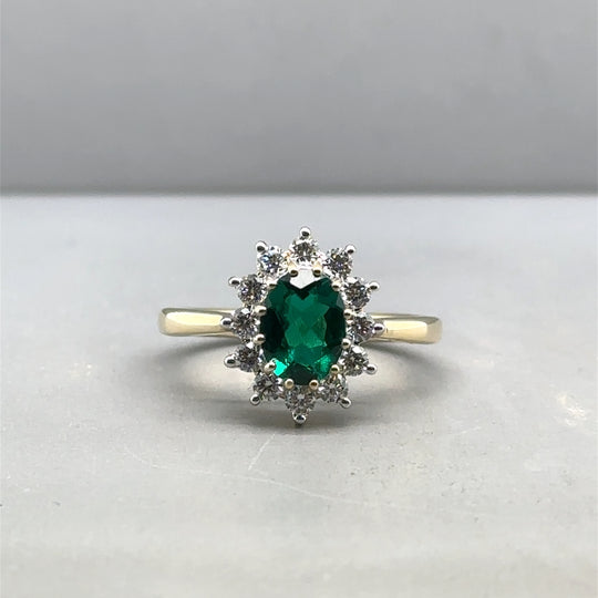 9ct Yellow Gold Lab Grown Diamond and Emerald Cluster Ring (c. 0.47ct) - Size M - NEW!