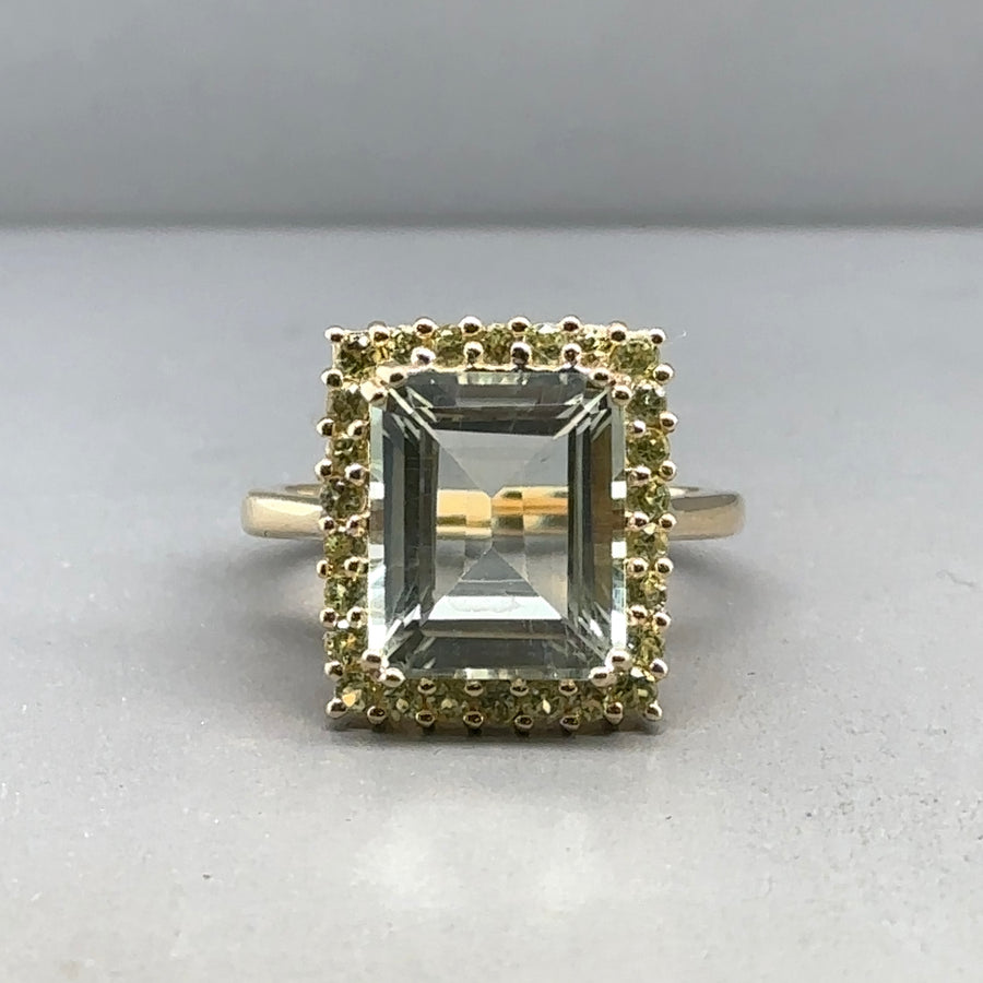 9ct Yellow Gold Green Amethyst Ring - Size M 1/2