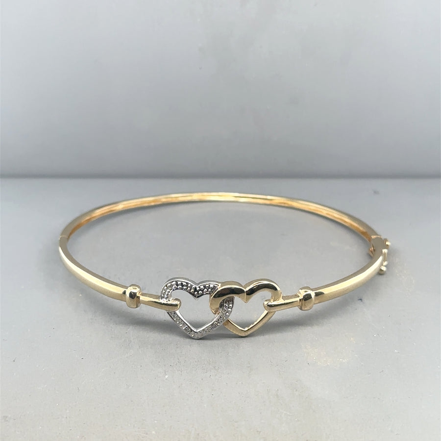 9ct Yellow Gold Diamond Set Double Heart Bangle