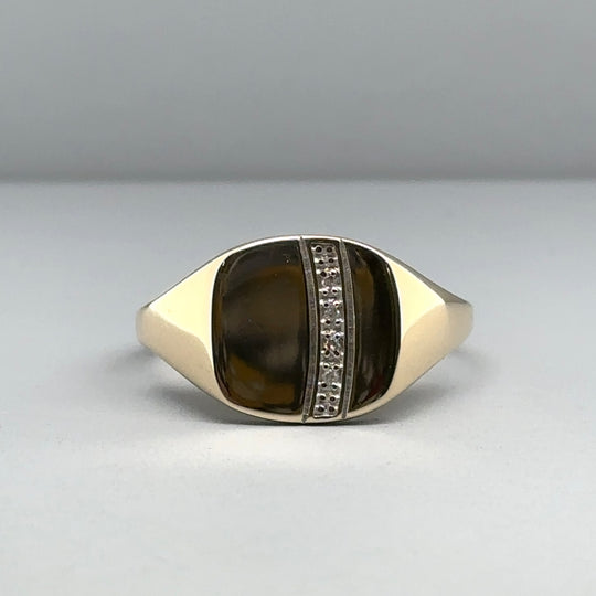 9ct Yellow Gold Diamond Set Signet Ring - Size T