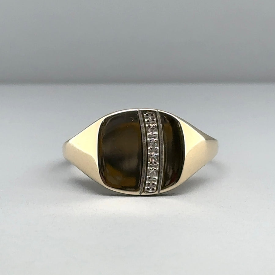 9ct Yellow Gold Diamond Set Signet Ring - Size T