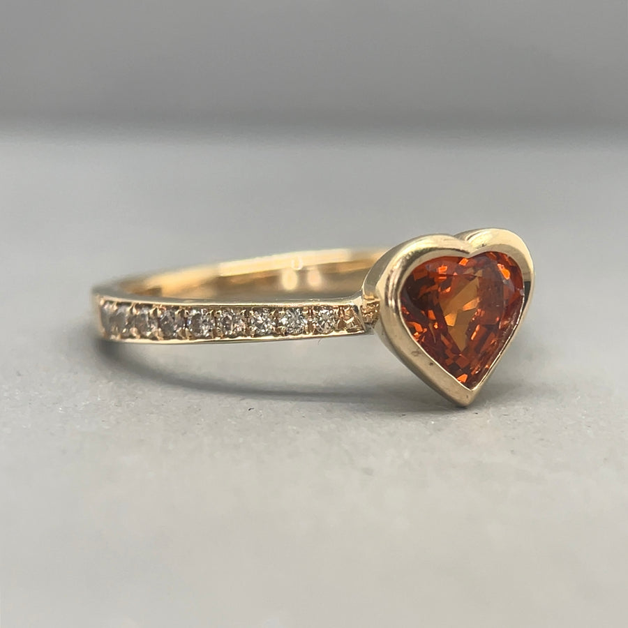 9ct Yellow Gold Orange Tourmaline and Diamond Ring (c. 0.15ct) - Size O