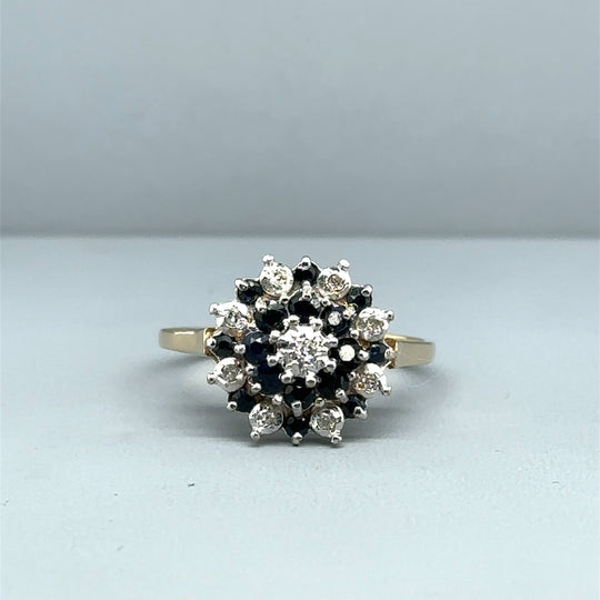 9ct Yellow Gold Sapphire and Diamond Cluster Ring - Size O