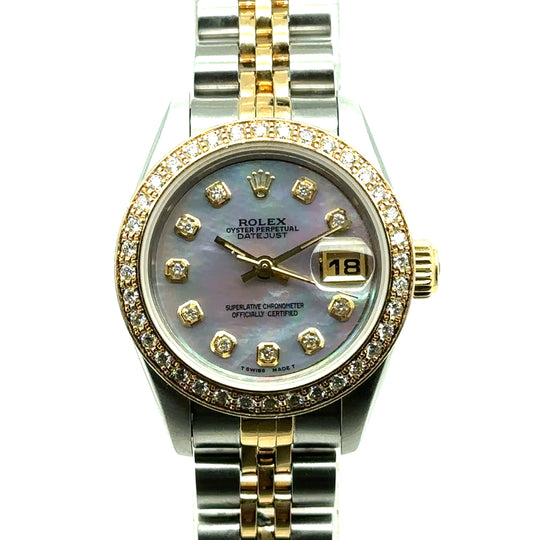 Pre-Owned Stainless Steel and 18ct Yellow Gold Mother of Pearl and Diamond Bezel and Diamond Dots Datejust Rolex (Ladies)