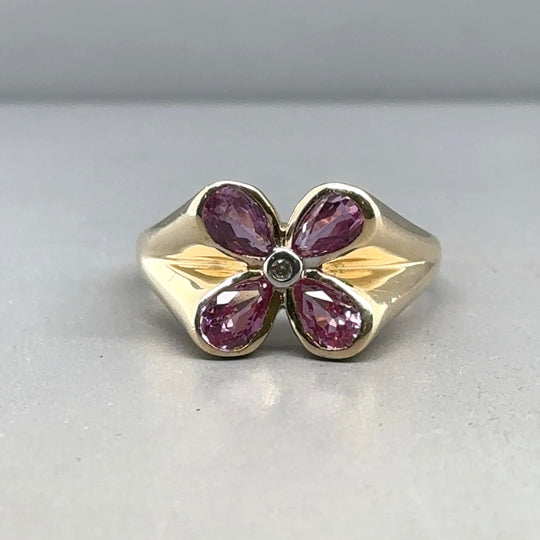 9ct Yellow Gold Amethyst and Diamond Flower Ring - Size P