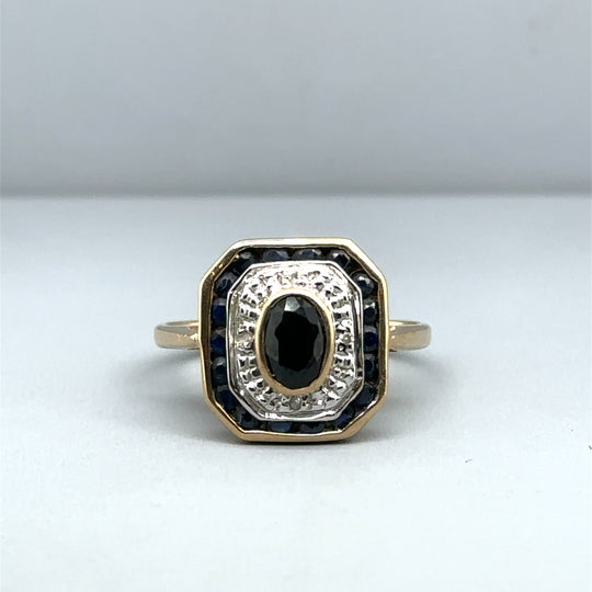 9ct Yellow Gold Sapphire and Diamond Ring - Size M