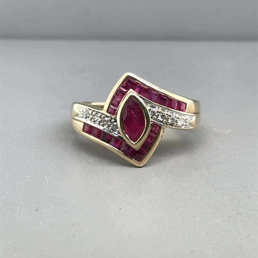 9ct Yellow Gold Ruby and Diamond Ring - Size N 1/2