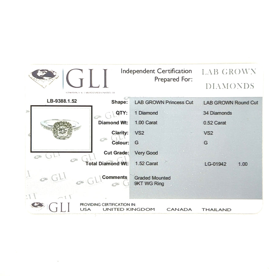 9ct White Gold Lab Grown Diamond Halo Ring (c. 1.52ct) - Size L - NEW!