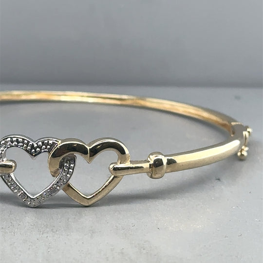 9ct Yellow Gold Diamond Set Double Heart Bangle