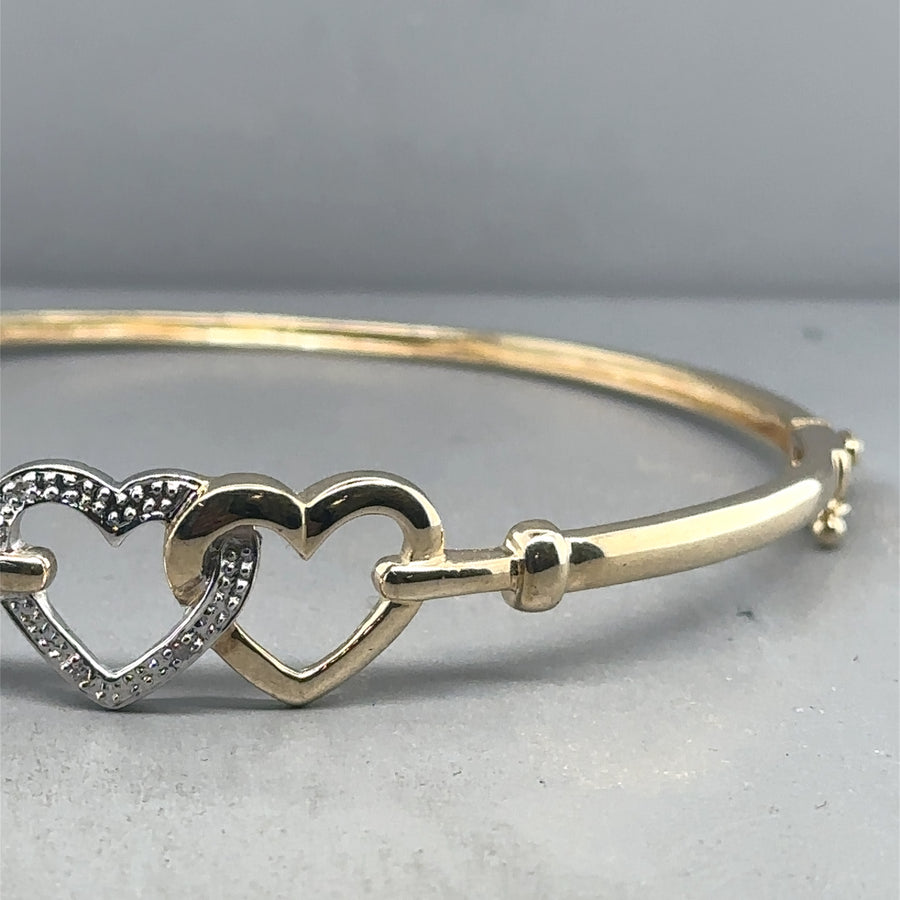 9ct Yellow Gold Diamond Set Double Heart Bangle