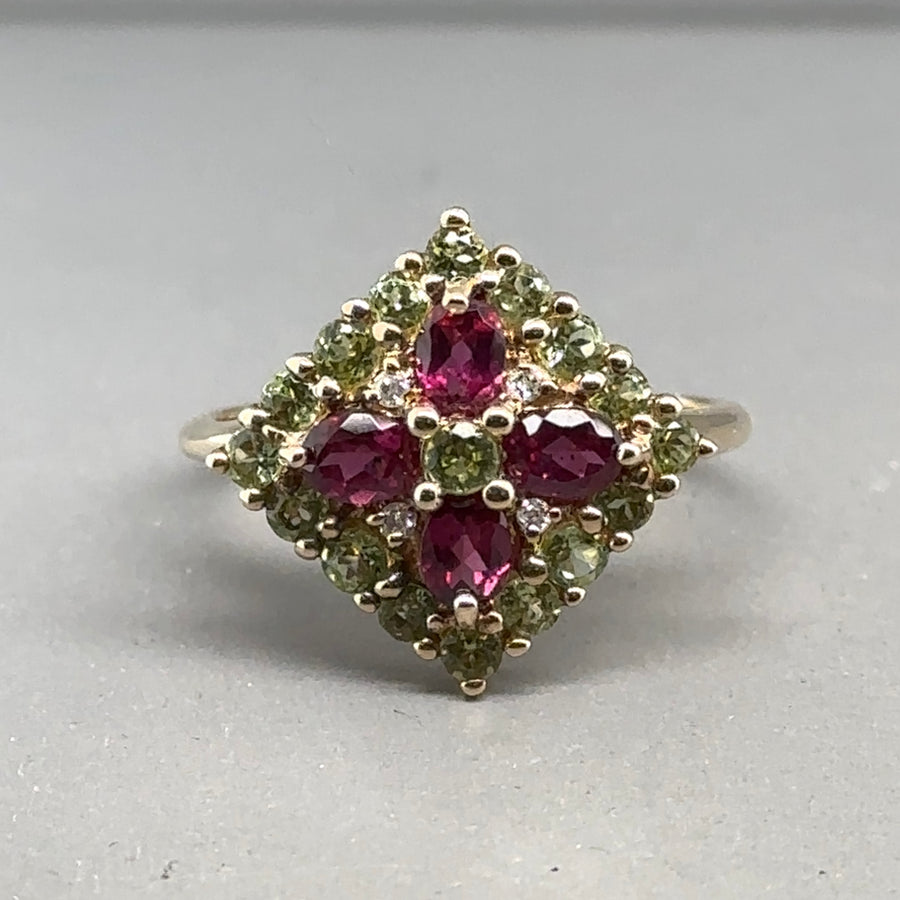 9ct Yellow Gold Green and Pink Tourmaline Ring - Size N