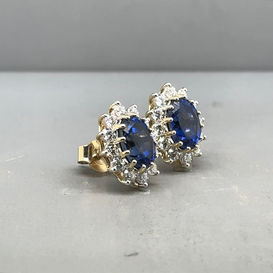 9ct Yellow Gold Lab Grown Diamond and Sapphire Cluster Stud Earrings (c. 0.95ct) NEW!