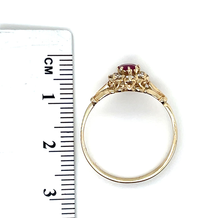 9ct Yellow Gold Ruby and Diamond Ring (c. 0.16ct) - Size R