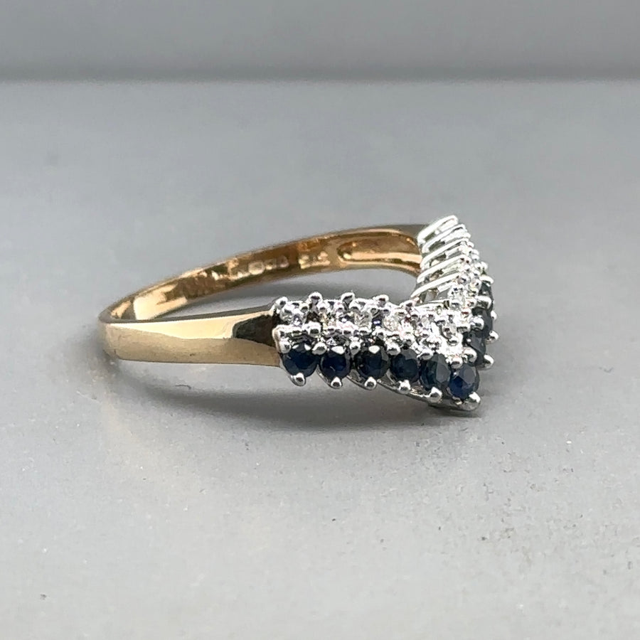 9ct Yellow Gold Sapphire and Diamond Chevron Ring - Size P