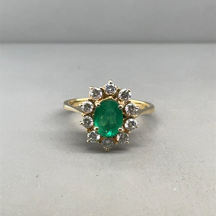 18ct Yellow Gold Diamond and Emerald Cluster Ring (c. 0.70ct) - Size O
