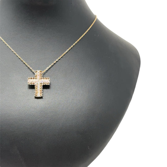 9ct Yellow Gold White and Brown Diamond Cross Pendant and Chain (c. 1.00 - 1.05ct) (17”)