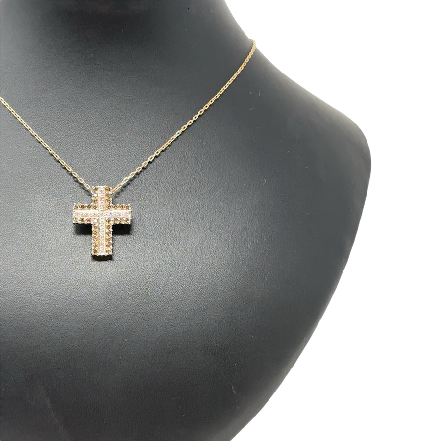 9ct Yellow Gold White and Brown Diamond Cross Pendant and Chain (c. 1.00 - 1.05ct) (17”)