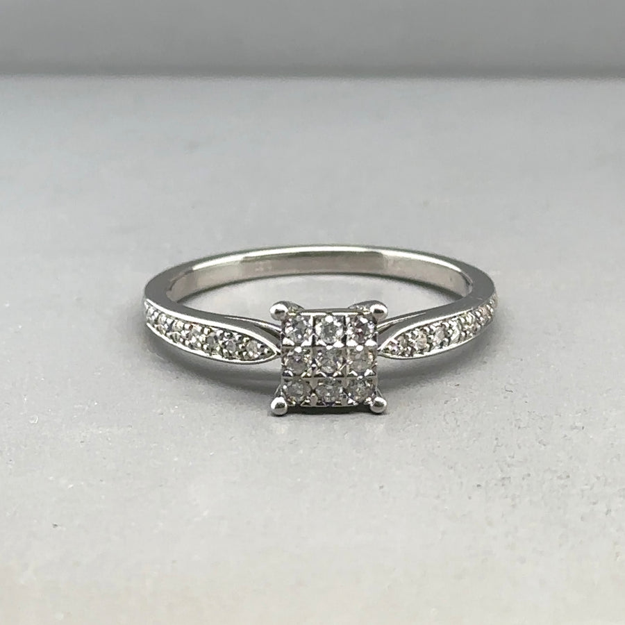 9ct White Gold Diamond Square Cluster Ring (c. 0.20ct) - Size R