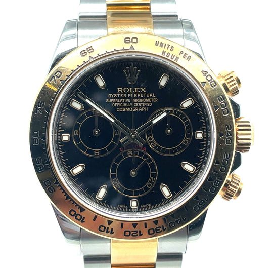 Pre-Owned Bi-Colour 18ct Yellow Gold and Stainless Steel Black Dial Daytona Rolex (Gents)